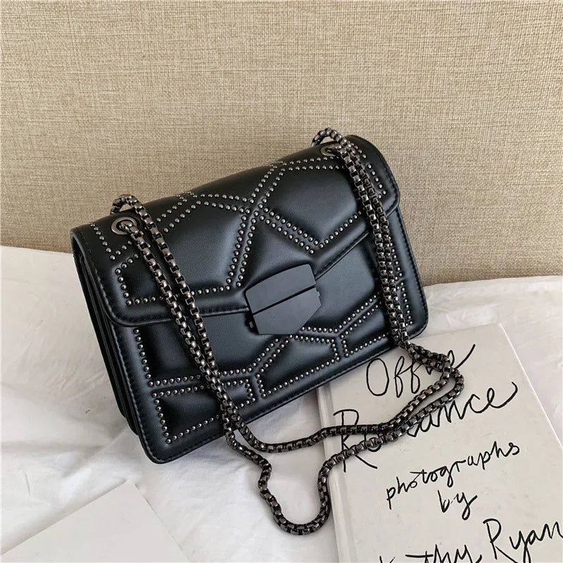 Yogodlns Vintage Rivet PU Leather Flap Crossbody Bag with Chain ART : 17