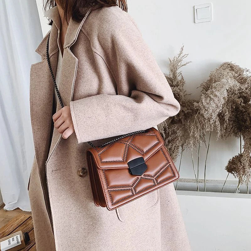 Yogodlns Vintage Rivet PU Leather Flap Crossbody Bag with Chain ART : 17
