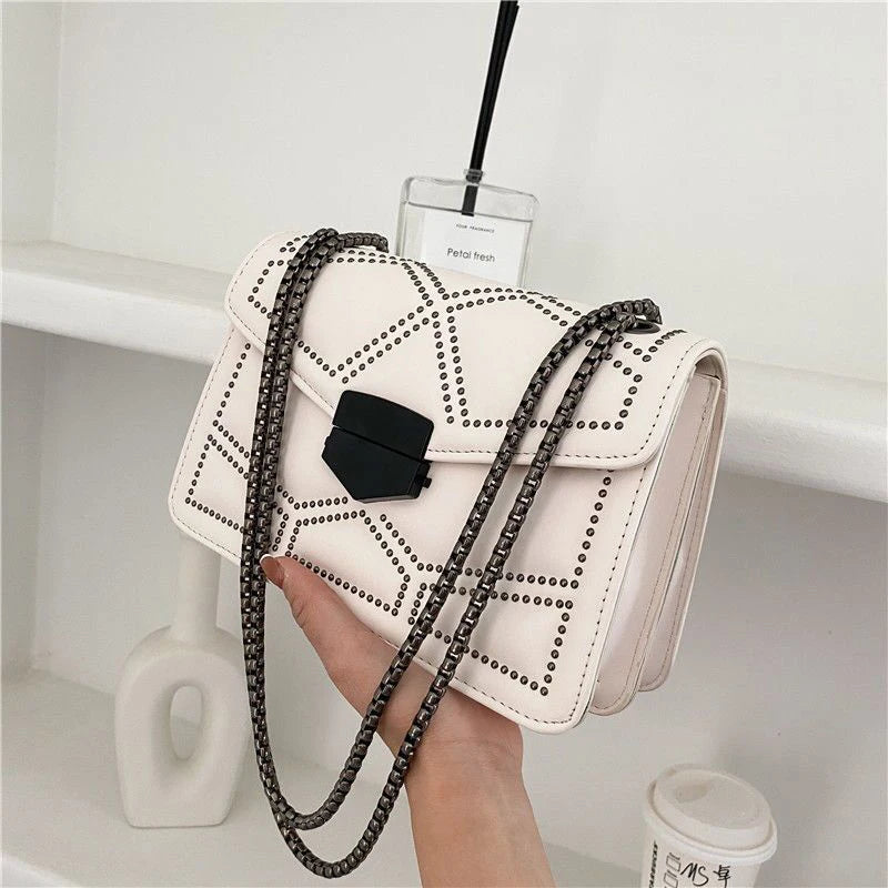 Yogodlns Vintage Rivet PU Leather Flap Crossbody Bag with Chain ART : 17