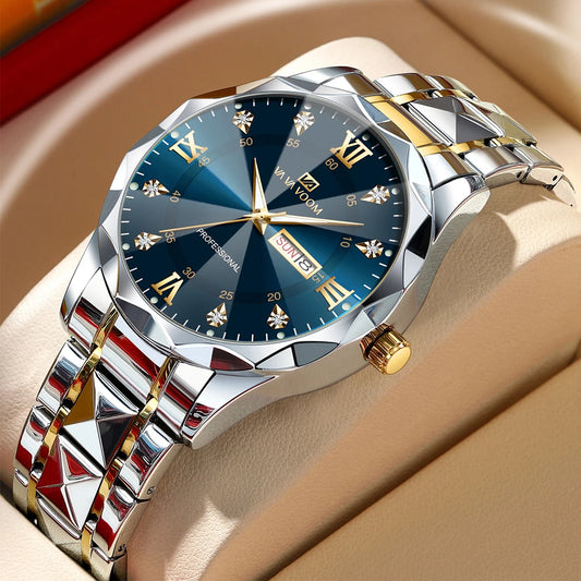 VA VA VOOM Men’s Luxury Blue Gold Quartz Watch 41mm with Diamond & Glow