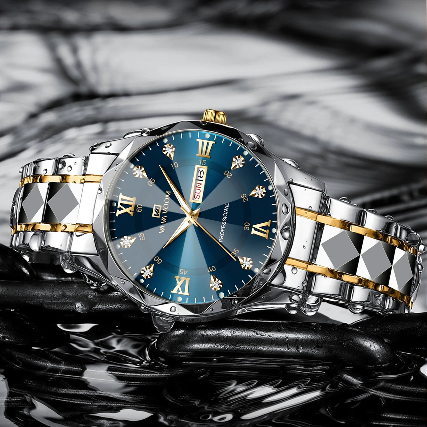 VA VA VOOM Men’s Luxury Blue Gold Quartz Watch 41mm with Diamond & Glow