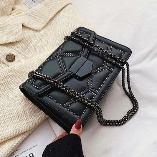 Yogodlns Vintage Rivet PU Leather Flap Crossbody Bag with Chain ART : 17